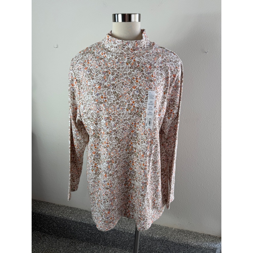 NEW Croft & Barrow Womens Plus 2X Mock Neck Long Sleeve Cotton Floral Top